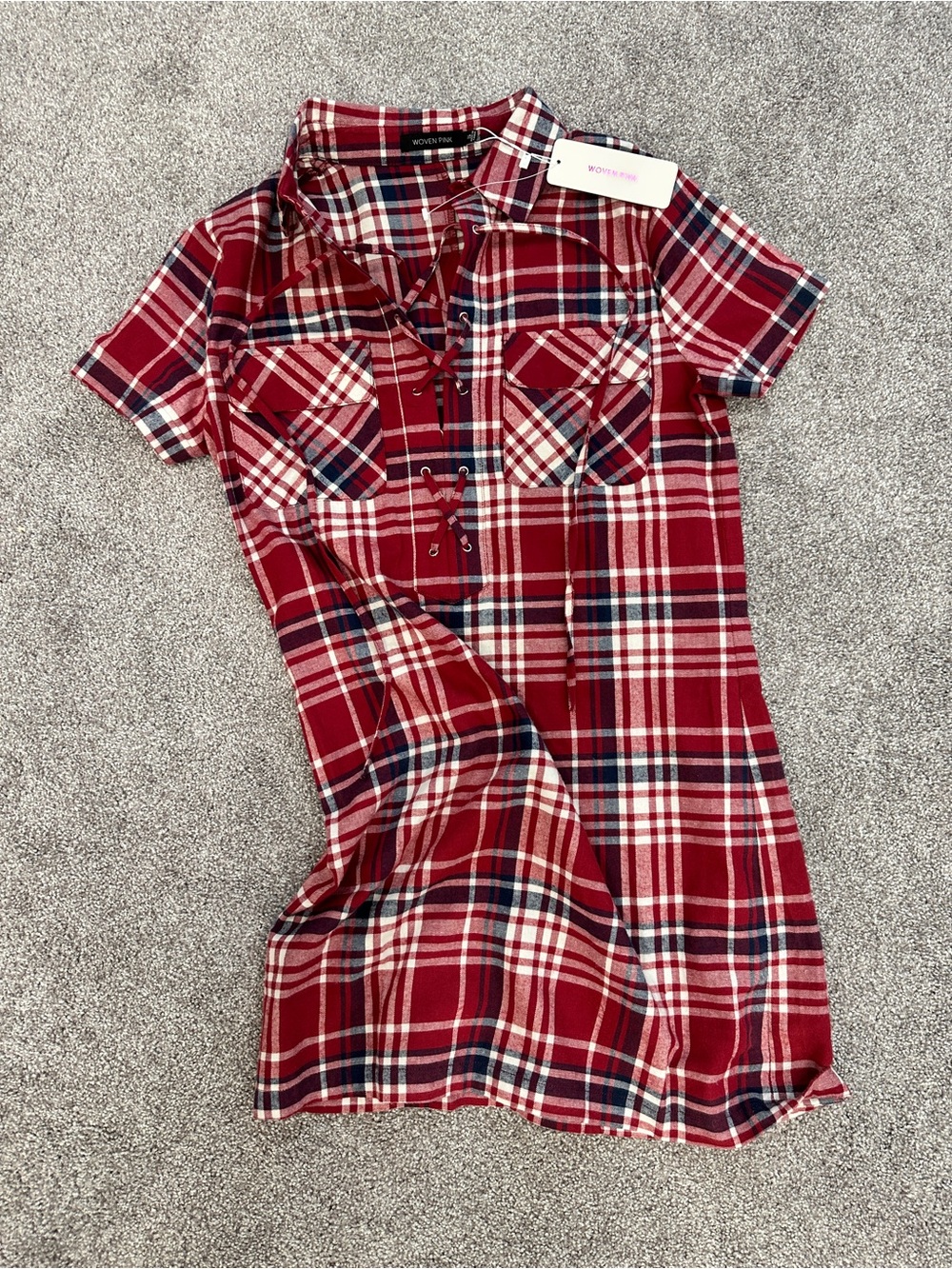 Woven Heart Red Plaid Lace-Up Shirt Dress Varsity Grunge